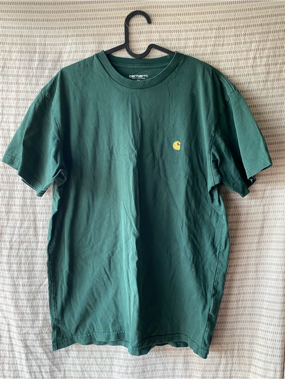 Carhartt Men’s Dark Green Crew Neck T-Shirt with Small Yellow Logo medium